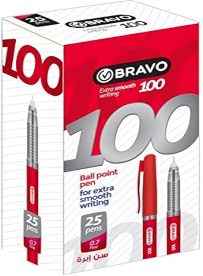 Bravo 100 Ballpoint Pen - (0.7 mm) - Red - Pack of 25 Package may vary